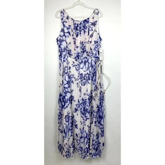 NWT Eliza J Pleated Floral Sleeveless Chiffon Belted Maxi Dress Cobalt Blue 18 - Picture 5 of 11